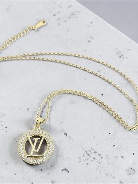 Gold LV Logo Circle Pendant Necklace with Crystal Accent